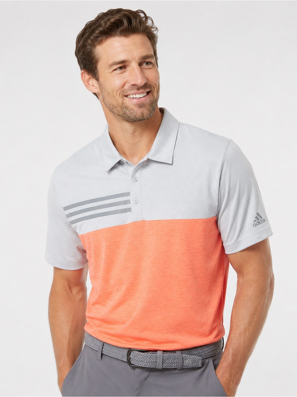 Adidas Heathered 3-Stripes Colorblock Golf Polo